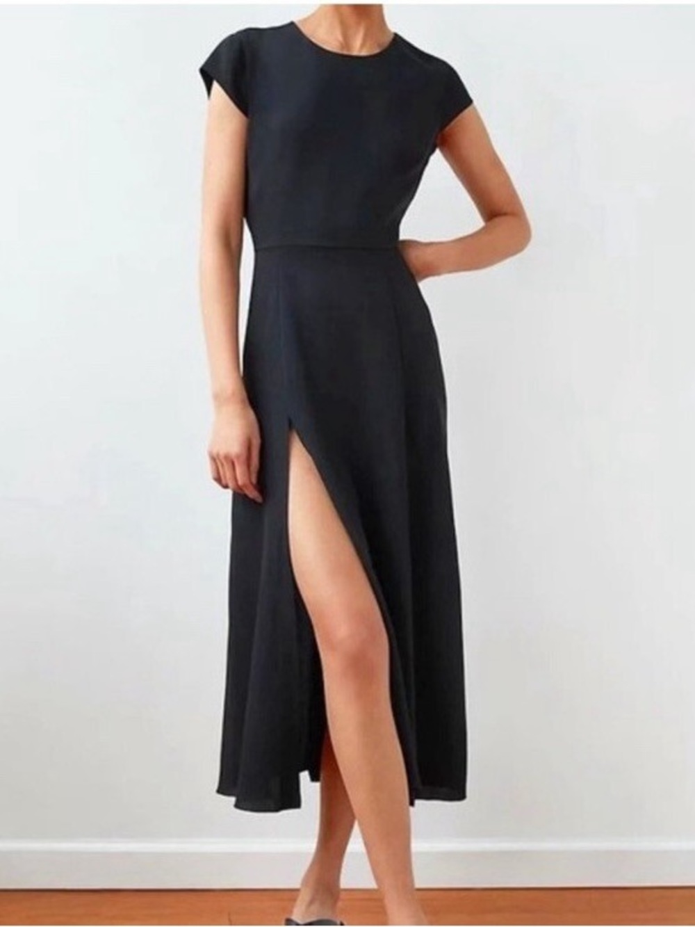 Aritzia Babaton Black Cap-Sleeve Midi Dress with High Side Slit